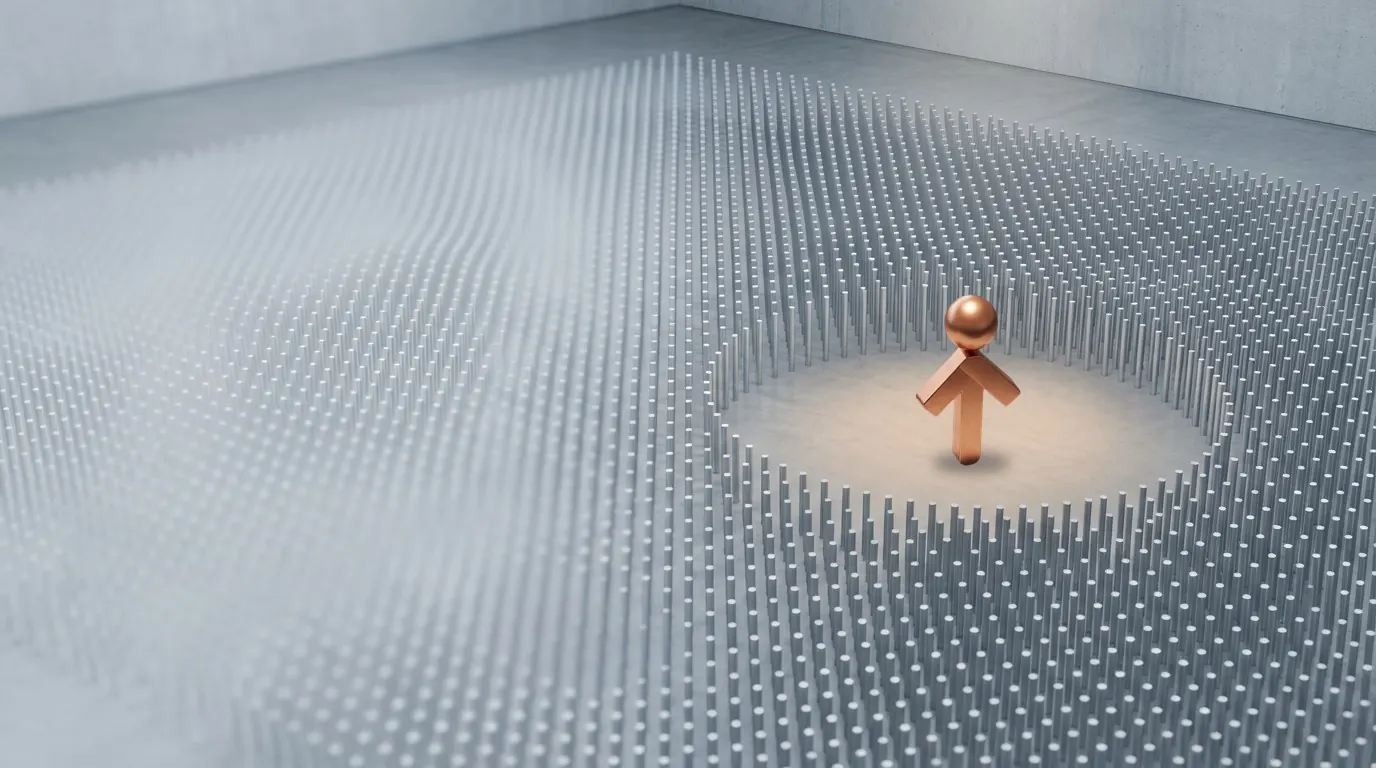 A copper figure stands alone in a spotlit clearing inside a vast field of metal pins.